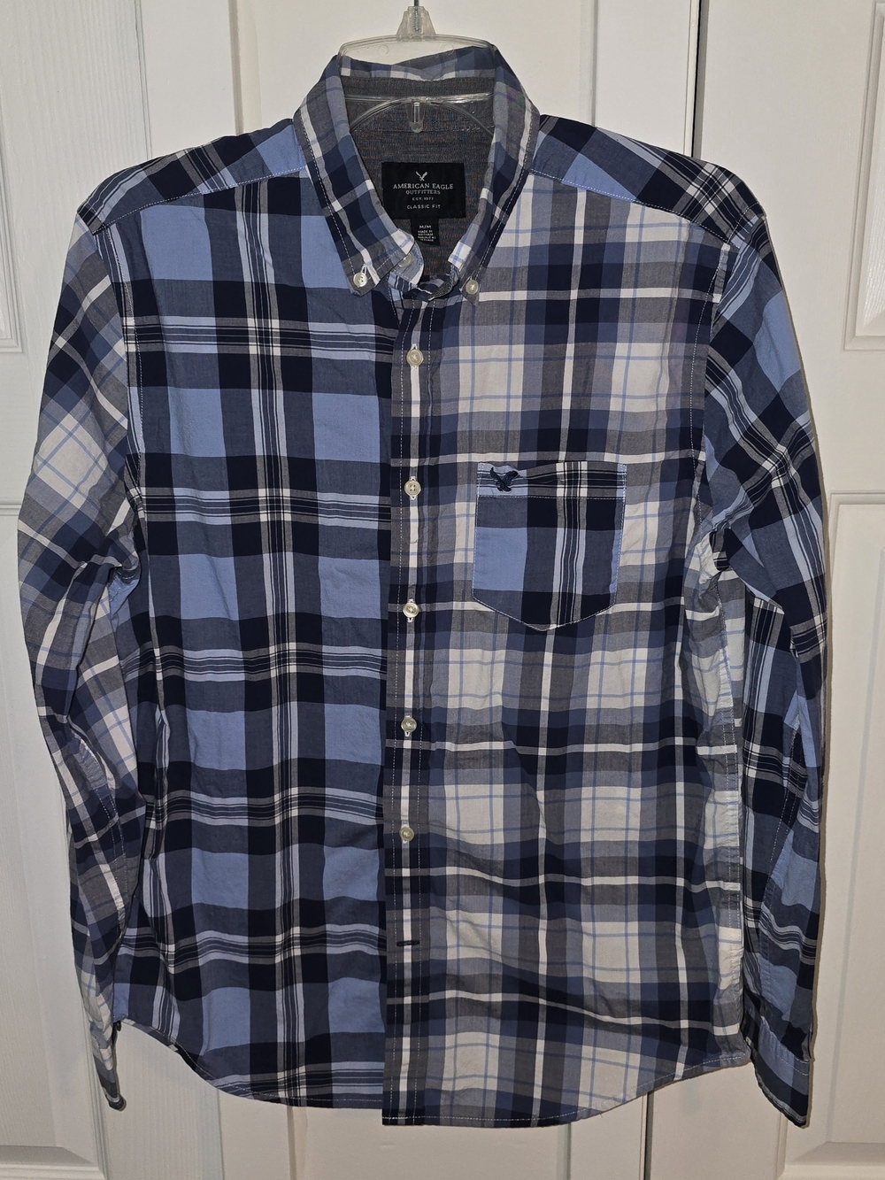 American Eagle Outfitters Light Blue and Navy Plaid Button-Down Shirt